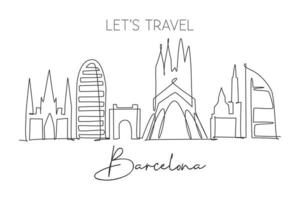 One continuous line drawing of Barcelona city skyline, Spain. Beautiful skyscraper. World landscape tourism travel vacation wall decor poster print. Stylish single line draw design vector illustration