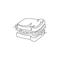 un dibujo de una sola línea de la ilustración de arte gráfico vectorial del logotipo de sándwich fresco. menú de cafetería de comida rápida para perros calientes y concepto de placa de restaurante. diseño de dibujo de línea continua moderna logotipo de comida callejera vector