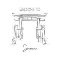 One continuous line drawing Torii Gate landmark greeting. World iconic element in Japanese culture. Holiday vacation wall decor poster print concept. Modern single line draw design vector illustration