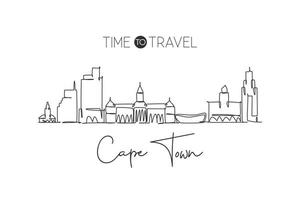 One single line drawing of Cape Town city skyline, South Africa. World historical town landscape. Best holiday destination postcard print art. Trendy continuous line draw design vector illustration