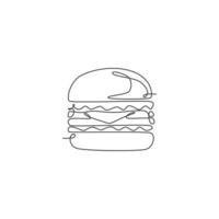 One continuous line drawing of fresh delicious American cheeseburger restaurant logo badge. Fast food burger cafe shop logotype template concept. Modern single line draw design vector illustration