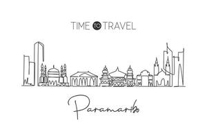 One continuous line drawing Paramaribo city skyline, Suriname. Beautiful landmark home decor poster print. World landscape tourism travel vacation. Stylish single line draw design vector illustration