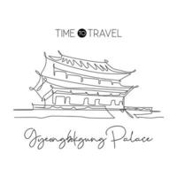 Single continuous line drawing Gyeongbokgung Palace landmark. Beautiful famous place in Seoul, Korea. World travel home wall decor poster print concept. Modern one line draw design vector illustration