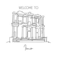 One single line drawing Ephesus Ancient landmark. World famous place in Selcuk Ismir, Turkey. Tourism travel postcard wall decor poster concept. Modern continuous line draw design vector illustration