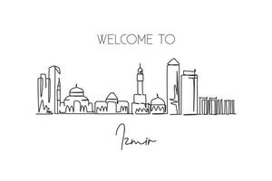 One single line drawing Izmir city skyline, Turkey. World historical town landscape home decor wall poster print. Best place holiday destination. Trendy continuous line draw design vector illustration