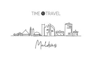 One single line drawing of Male city skyline, Maldives. World town landscape home wall decor poster print art. Best place holiday destination. Trendy continuous line draw design vector illustration