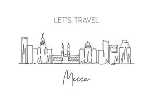 One single line drawing of Mecca city skyline, Saudi Arabia. World historical town landscape. Best holiday destination. Editable stroke trendy continuous line draw design vector graphic illustration