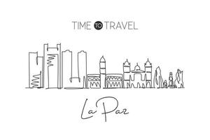 One continuous line drawing La Paz city skyline, Bolivia. Beautiful landmark. World landscape tourism and travel vacation postcard. Editable stylish stroke single line draw design vector illustration