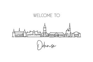 One single line drawing Odense city skyline, Denmark. World historical town landscape postcard. Best place holiday destination. Editable stroke trendy continuous line draw design vector illustration