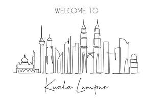 One single line drawing of Kuala Lumpur city skyline, Malaysia. Historical town landscape in the world. Best holiday destination. Editable stroke trendy continuous line draw design vector illustration