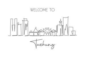 One single line drawing of Taichung city skyline, Taiwan. Historical town landscape home wall decor art poster print. Best holiday destination. Trendy continuous line draw design vector illustration