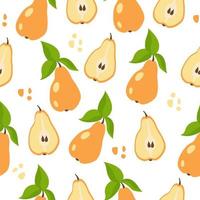 Pear and fruit halves with leaves seamless pattern on white background. Flat vector illustration