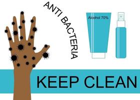 There is a hand that full with germs and alcohol spray and hand gel. vector