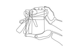 Continuous line drawing of hand holding gift box with ribbon. Single one line art of birthday surprise and christmas box. Vector illustration