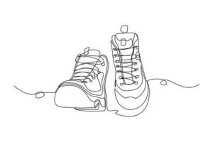 Continuous line drawing of man work boots. Single one line art of safety hiking boots. Vector illustration