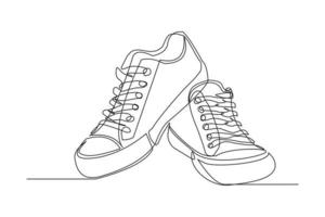 Continuous line drawing of casual sneakers shoes. Single one line art of sport shoes. Vector illustration