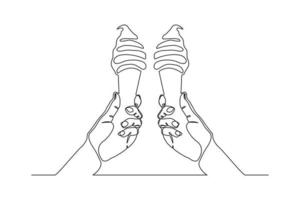 Continuous line drawing two hand hold and cheers delicious fresh of ice cream cone. Single one line art of two hand holding sweet ice cream gelato desert. Vector illustration