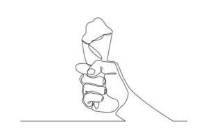 Continuous line drawing hand holding delicious fresh of ice cream cone. Single one line art of hand holding sweet ice cream gelato desert. Vector illustration