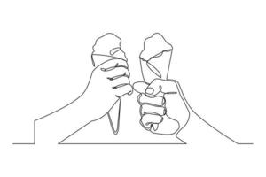 Continuous line drawing two hand hold and cheers delicious fresh of ice cream cone. Single one line art of two hand holding sweet ice cream gelato desert. Vector illustration