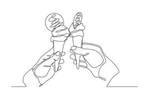 Continuous line drawing two hand hold and cheers delicious fresh of ice cream cone. Single one line art of two hand holding sweet ice cream gelato desert. Vector illustration