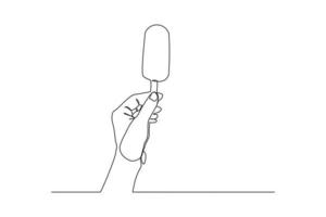 Continuous line drawing of hand holding fresh ice cream stick. Single one line art of hand hold delicious sweet and juicy cool ice cream cafe meal menu. Vector illustration