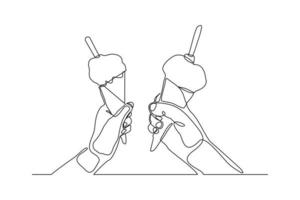 Continuous line drawing two hand hold and cheers delicious fresh of ice cream cone. Single one line art of two hand holding sweet ice cream gelato desert. Vector illustration
