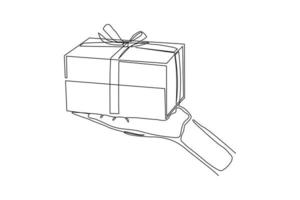 Continuous line drawing of hand holding gift box with ribbon. Single one line art of birthday surprise and christmas box. Vector illustration