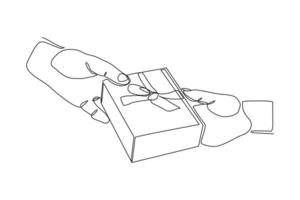 dibujo de línea continua de mano sosteniendo caja de regalo con cinta. arte de una sola línea de sorpresa de cumpleaños y caja de navidad. ilustración vectorial
