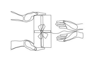 Continuous line drawing of couple hands holding gift box with ribbon. Single one line art of birthday surprise and christmas box. Vector illustration