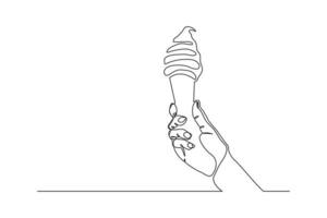 mano de dibujo de línea continua sosteniendo delicioso fresco de cono de helado. arte de una sola línea de la mano que sostiene el desierto de helado dulce. ilustración vectorial vector