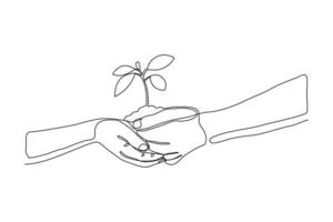 Continuous one line drawing two hands holding together a green young plant. Single one line hand holding tree. Forest conservation concept design vector graphic illustration