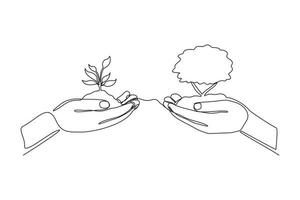 Continuous one line drawing two hands holding together a green young plant. Single one line hand holding tree. Forest conservation concept design vector graphic illustration