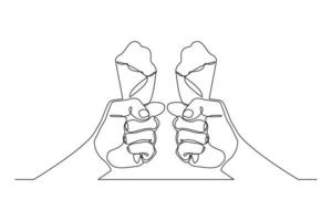 Continuous line drawing two hand hold and cheers delicious fresh of ice cream cone. Single one line art of two hand holding sweet ice cream gelato desert. Vector illustration