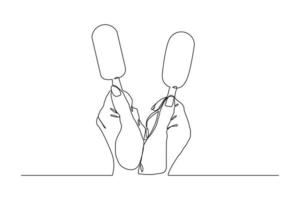 Continuous line drawing of two hands hold and cheers fresh ice cream stick. Single one line art of hand holding delicious sweet and juicy cool ice cream cafe meal menu. Vector illustration