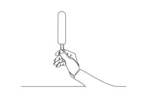 Continuous line drawing of hand holding fresh ice cream stick. Single one line art of hand hold delicious sweet and juicy cool ice cream cafe meal menu. Vector illustration