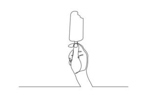 Continuous line drawing of hand holding fresh ice cream stick. Single one line art of hand hold delicious sweet and juicy cool ice cream cafe meal menu. Vector illustration
