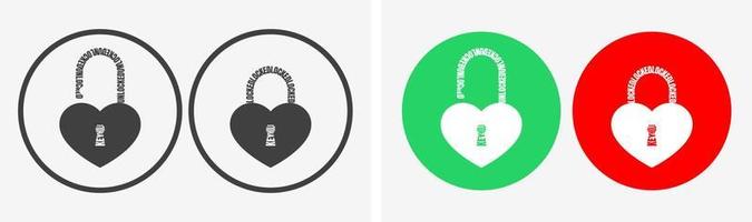 Love Padlock Lock and Unlock Icon Set Made with Text Warp Locked Unlocked and Keyhole Isolated on Red and Green Flat Button.