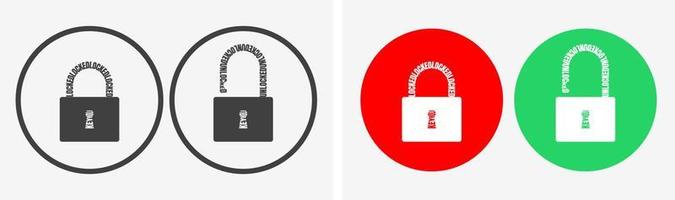 Padlock Lock and Unlock Icon Set Made with Text Warp Word Locked Unlocked and Keyhole, Isolated on Red and Green Flat Button. vector