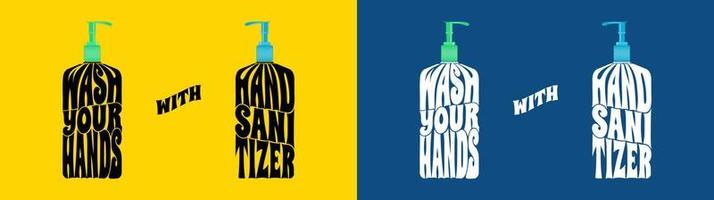 Wash Your Hands with Hand Sanitizer Text Wrap illustration, Isolated on Solid Yellow and Classic Blue Background.