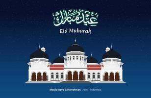 Masjid Raya Baiturrahman Aceh - Indonesia with Eid Mubarak Arabic calligraphy, Selamat Hari Raya Lebaran Baiturrahman Grand Mosque. vector