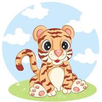 Cute tiger hand drawn on white background. Cartoon animal character doodle design. vector