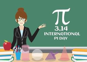 Pretty Woman Teacher explaining gesture with International Pi Day lettering vector