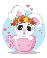 Cute white rabbit in pink cup. Cute cartoon animal character in cup