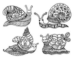A set of sketches, hand-drawn cute snails with an ornament. For coloring anti stress pages for adults and children. vector