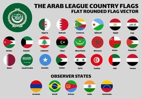 The Arab League with Observer States Flags Set Collection. Flat Rounded Vector