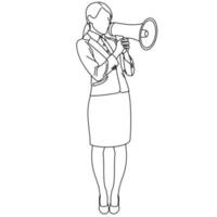 A business woman dressed in skirts and uniform holding big loudspeaker megaphone yelling loudly and screaming. Girl making announcement, news and messages with megaphone isolated on white background vector