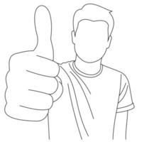 Illustration line drawings a young handsome male showing ok sign. Nice job man, like it. Smiling cheerful guy in casual clothes showing thumbs up and giving positive feedback vector