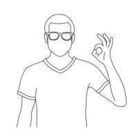 Illustration line drawings a young handsome male showing ok sign. Nice job man, like it. Smiling cheerful guy in casual clothes showing thumbs up and giving positive feedback vector