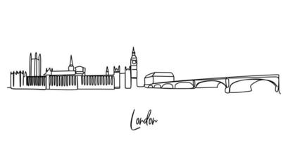 Single continuous line drawing of London city skyline. Famous city skyscraper landscape in world. World travel campaign home wall decor poster concept. Modern one line draw design vector illustration