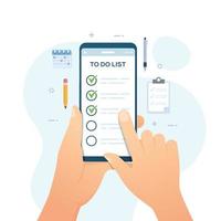 Hand holding smartphone making to do list for daily activity vector illustration